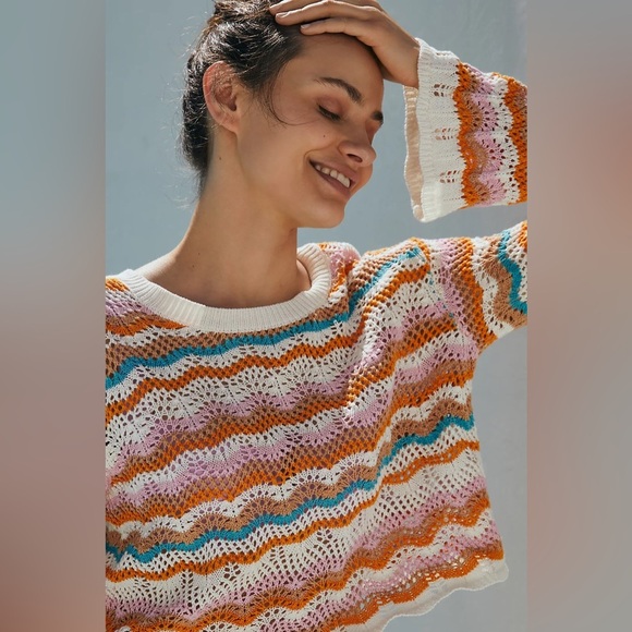 L*SPACE Sun Ray Crochet Crop Sweater in Daybreak Stripe - Size XL - Picture 3 of 4